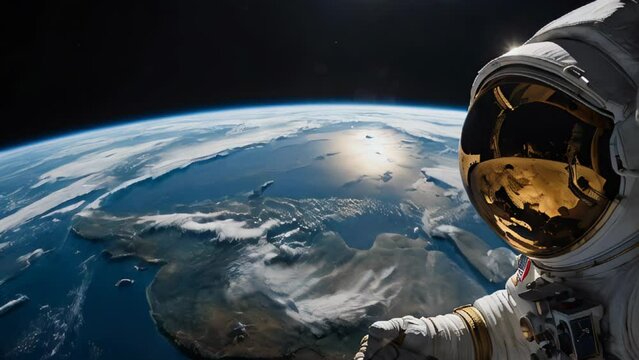 A man in a space suit meditates with the earth in the background