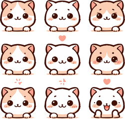 Cute little cat icon illustration with nine facial expressions in Apricot pastel colors