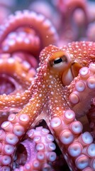 A close-up view of a pink octopus resting on coral in its natural habitat