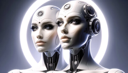 Two futuristic female robots with intricate designs and illuminated features, showcasing advanced technology and cybernetic beauty against a sleek background.