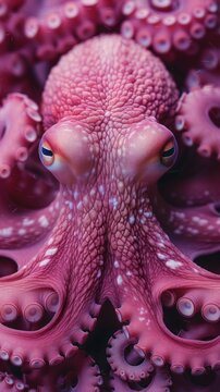 A detailed view of a pink octopuss head, showing its intricate features and unique characteristics up close
