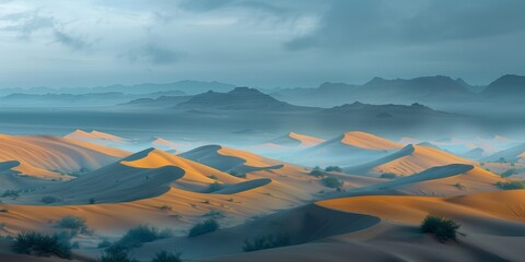 Desert landscape with rolling dunes and soft lighting, creating a serene and picturesque visual