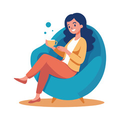 Young woman sitting on a chair drinking tea.Vector illustration of a cartoon character