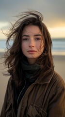 Fototapeta premium A woman stands on a beach, her hair blowing in the wind