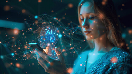 A young woman interacts with her smartphone, visualizing a digital AI interface with connected nodes and a holographic human head.