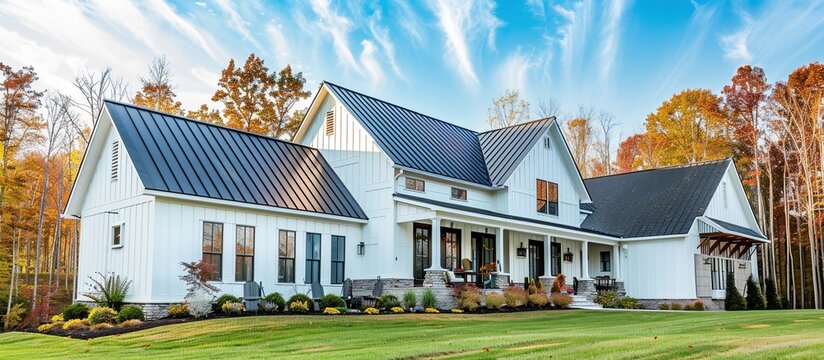 The architectural design of the Modern Farmhouse style house is built with white board and batten walls, a gable roof with a steep pitch and a neat green lawn.