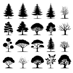 set of silhouettes of trees