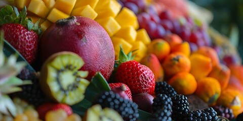 Vibrant and detailed close-up of fresh fruits including berries, mangoes, and more against a blurred background - Powered by Adobe