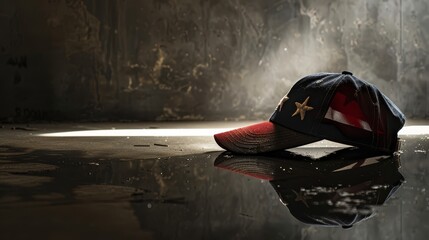 Honoring fallen soldiers with a folded American flag and cap, captured in a minimalist style copy space, Memorial Day reflection, surreal, silhouette on a concrete backdrop