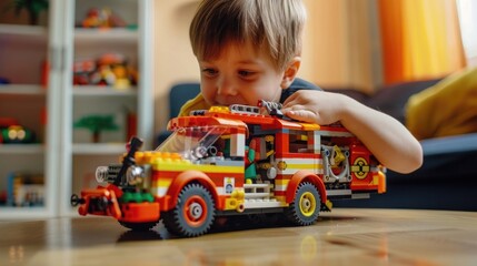 Riga, Latvia - September 12, 2023: child playing with Lego constructor on the table. building a firefighter car