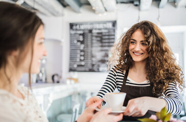 Beautiful female barista working in coffee shop, serving coffee to female customer. University student working part-time in cafe.