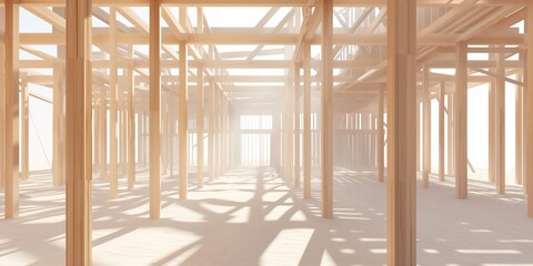 3D rendering of an interior wooden framework of a house in progress, depicting architectural development