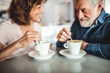 Happy senior couple sitting in coffeeshop, looking at each other. Romantic date for elderly couple in love.