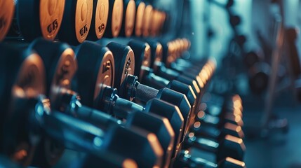 Rows of dumbbells in the gym with hand