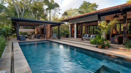 backyard with a refreshing pool in the shade of a stylish gazebo, comfortable garden furniture and tropical landscaping