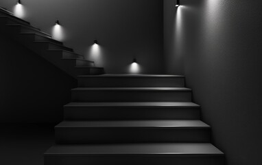 A black and white setting featuring a set of stairs leading upwards, illuminated from within