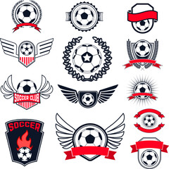 Set of Soccer logos, badges and design elements. Collection symbol of football: soccer ball, heraldry, insignia. Vector illustration.