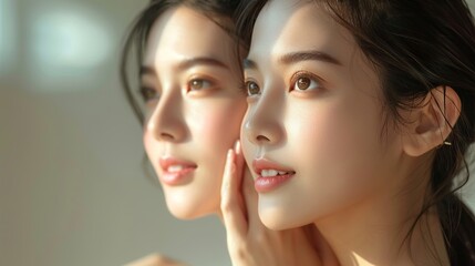 Obraz premium Close-up portrait of a beautiful and happy Asian girl model with natural skincare and cosmetics on colored background. Copy space for text.