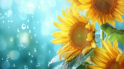 Sunny big sunshine yellow sunflower sunflowers with leaf leaves on sky blue background