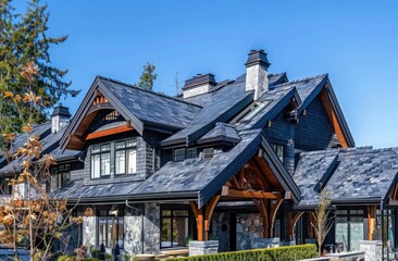 Rustic grey shingle roof on luxury home in vancouver, bright blue sky,