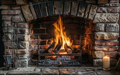 Fototapeta premium A fire burns brightly in a brick fireplace, casting a warm glow. A small candle flickers nearby, adding to the cozy ambiance
