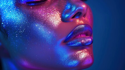 Close-up of a female model for high fashion posing in a studio with metallic silver lip make-up and colorful makeup that exudes the colors of blue and purple uv neon lights.