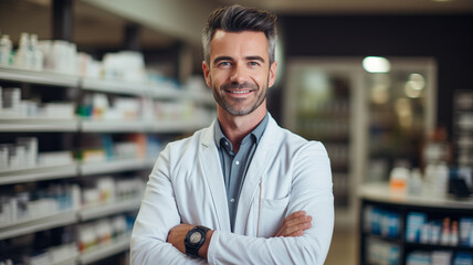 Smiling pharmacist standing behind the counter against the background of shelves with medicines