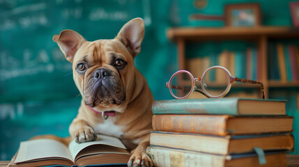 
smart dog wearing round glasses sits next to a stack of books on a school background
