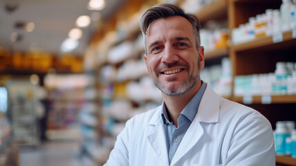 Smiling pharmacist standing behind the counter against the background of shelves with medicines - Powered by Adobe