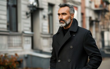 A middle-aged man with a beard walking while wearing a black coat