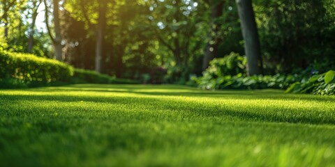 Obraz premium Beautifully landscaped green grass in a lush park with trees providing ample shade during a sunny day