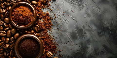 Bird's-eye view of coffee beans and ground coffee on gray background. Concept Coffee Beans, Ground Coffee, Bird's-eye View, Gray Background