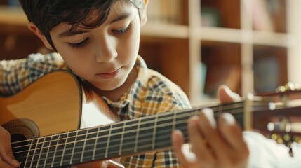 The close up picture of the hispanic male child playing or practicing guitar inside his own room, the guitar practice require music theory knowledge, regular practice and understanding rhythm