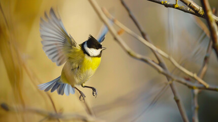 Obraz premium Great tit in mid-flight. A vibrant great tit bird captured mid-flight against a blurred natural background.