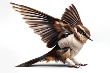 A bird with a bandaged wing Isolated on white background