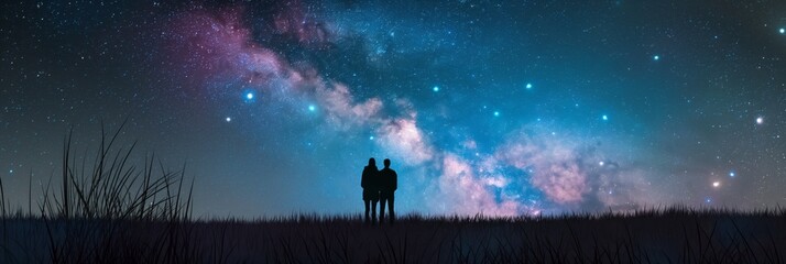 Silhouetted couple against an expansive starry night sky, conveying wonder and romance under the cosmos