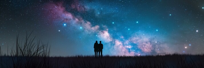 Fototapeta premium Silhouetted couple against an expansive starry night sky, conveying wonder and romance under the cosmos