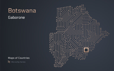Botswana Map with a capital of Gaborone Shown in a Microchip Pattern with processor. E-government. World Countries vector maps. Microchip Series	