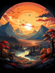 T-shirt design depicting a sun rising over a campsite, mountains in the background, birds soaring overhead, framed within a circular design and border. Realistic illustration in a pen and ink style