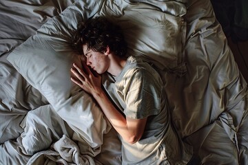 Obraz premium Top view of a young man sleeping in bed at night. Top view of a man lying in bed and sleeping. Man sleeping