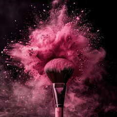Save to Library Download Preview Preview Crop Find Similar FILE #: 768550680 Makeup brush with pink powder explosion on dark background, make up concept.