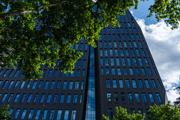 Modern office building framed by green leaves in Tbilisi