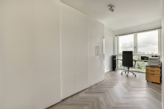 Modern home office with scenic view and clean design
