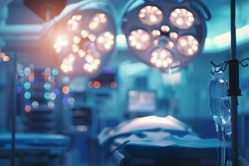 A blurred view of a state of the art operating room with surgical lights and monitors creating a bokeh effect