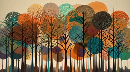 Colorful autumn illustration trees abstraction wallpaper. Autumn forest bright abstract print wallpaper. Autumn background from trees ornament.  Autumn banner. Colorful trees picture.