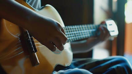 The close up picture of the hispanic male child playing or practicing guitar inside his own room, the guitar practice require music theory knowledge, regular practice and understanding rhythm