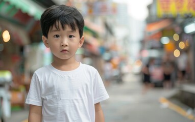 A young Asian boy standing on the side of a city street