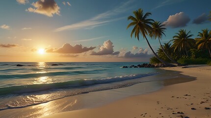  beach scene. There are palm trees, a blue sky,