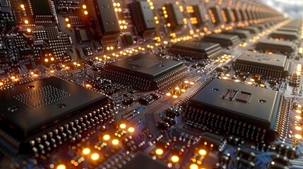 Fototapeta premium The image shows a close-up of a computer circuit board with many integrated circuits (ICs) and other electronic components