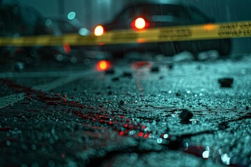 A detailed view of a crime scene with a chalk outline, bloodstains, and evidence markers, police tape in the background